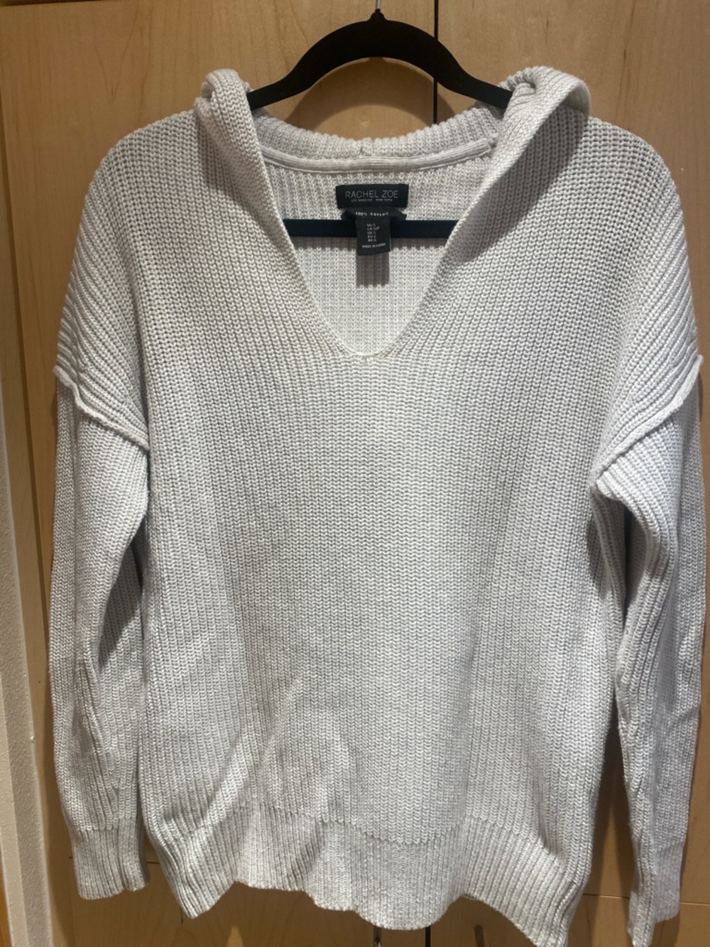 Rachel Zoe Ivory Hooded V-Neck Knit Sweater